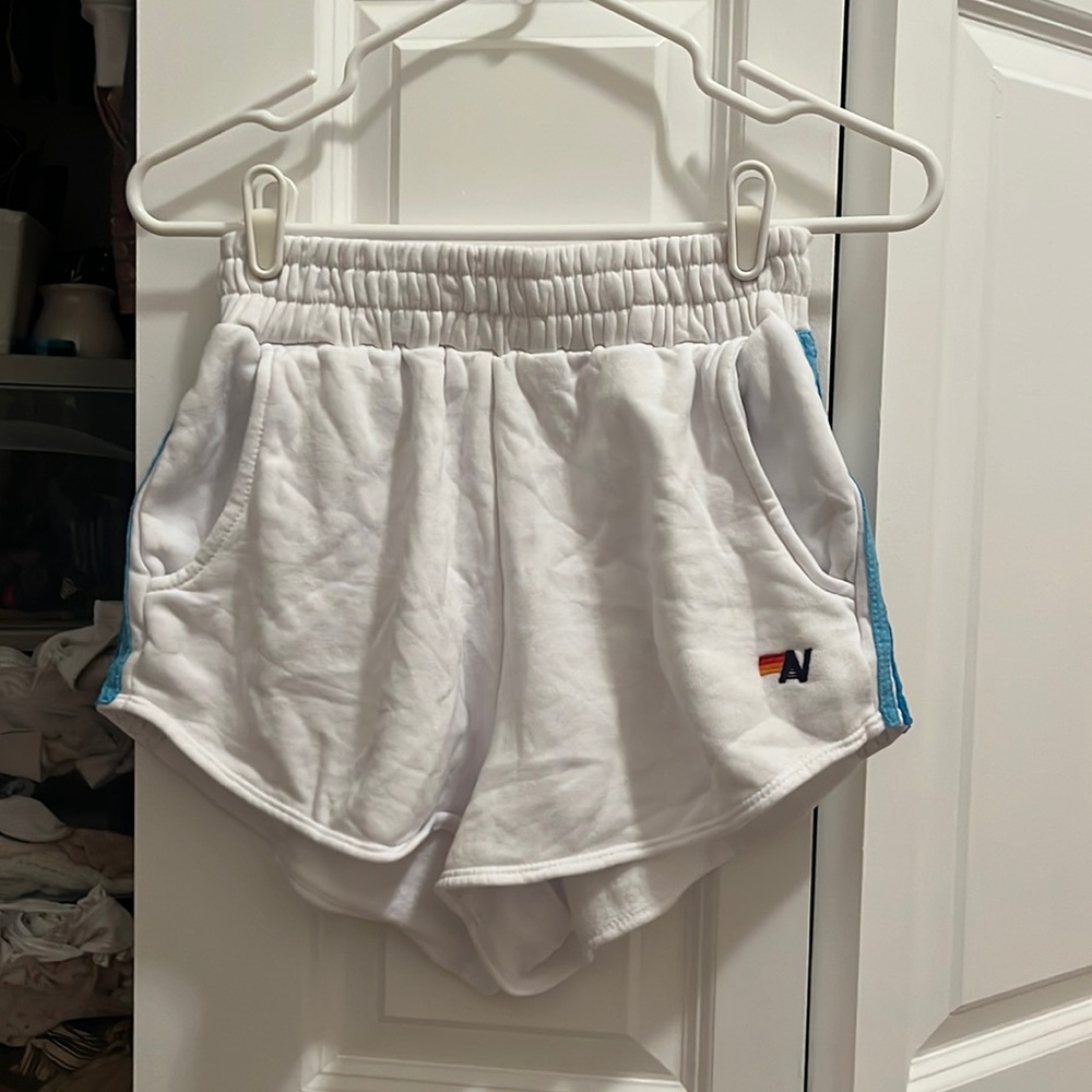 BRAND NEW AVIATOR NATION SWEAT-SHORTS WITH POCKETS - WHITE W/ BLUE STRIPES